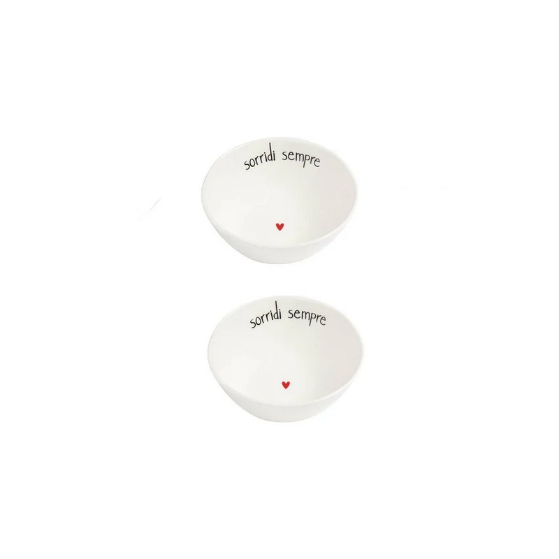 Set 2 coppette in gres bianco decorate con scritta 